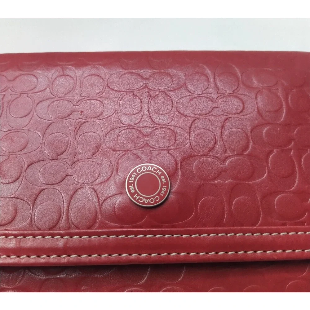 Coach Red Leather C Embossed Credit Card Bifold Envelope Long Wallet